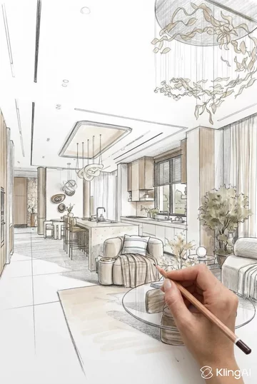 Sketch Of Modern Interior Design With Kitchen And Living Area | AI Video