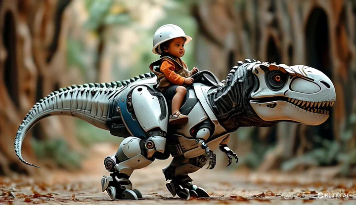 Young Child Riding A Robotic Dinosaur In A Forest Setting | AI Video