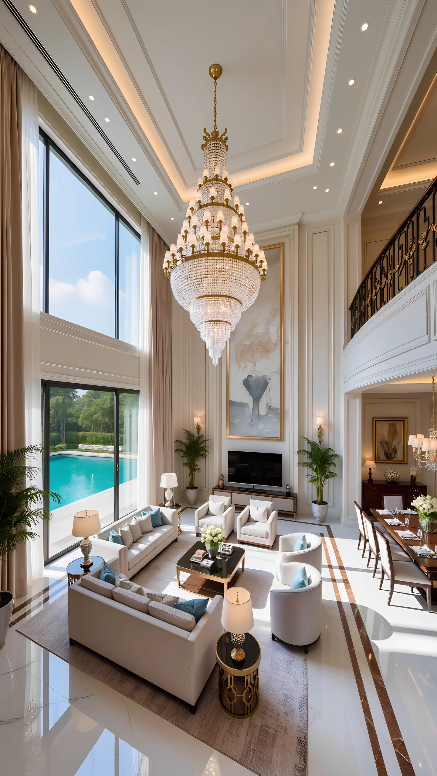 Luxury Living Room With Pool View Elegant Home Design | AI Image