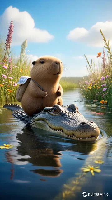 Capybara Riding Crocodile In Serene Water Natural Habitat | AI Video